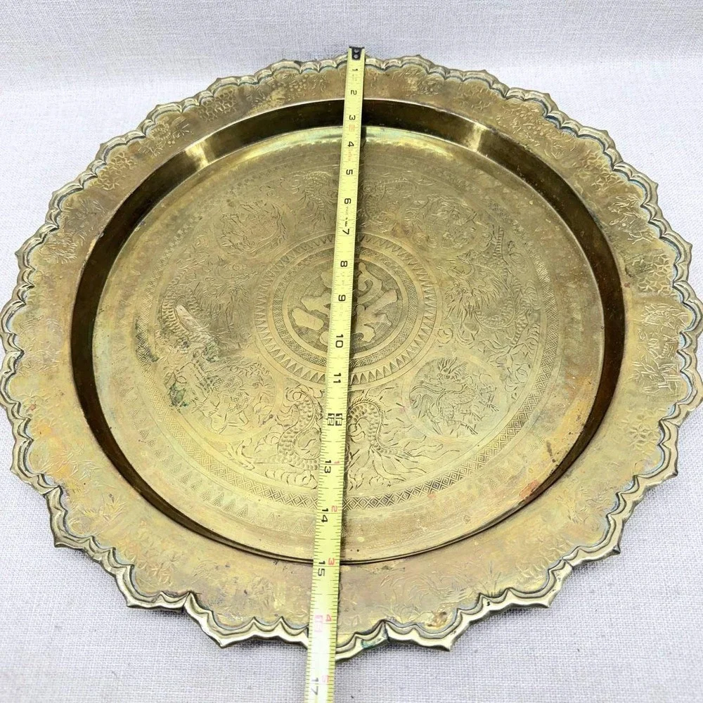 Vintage Chinese Etched Brass Tray Dragon Phoenix Scalloped Rim 15.75 Inch Gold
